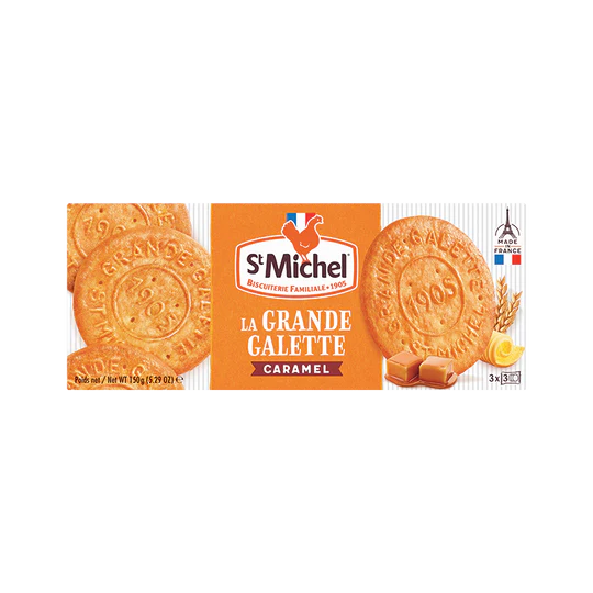 St Michel Grande Galette Caramel Butter Cookies, Authentic French Butter Biscuits, Crispy Gourmet Snack, 150g