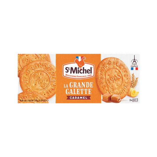 St Michel Grande Galette Caramel Butter Cookies, Authentic French Butter Biscuits, Crispy Gourmet Snack, 150g